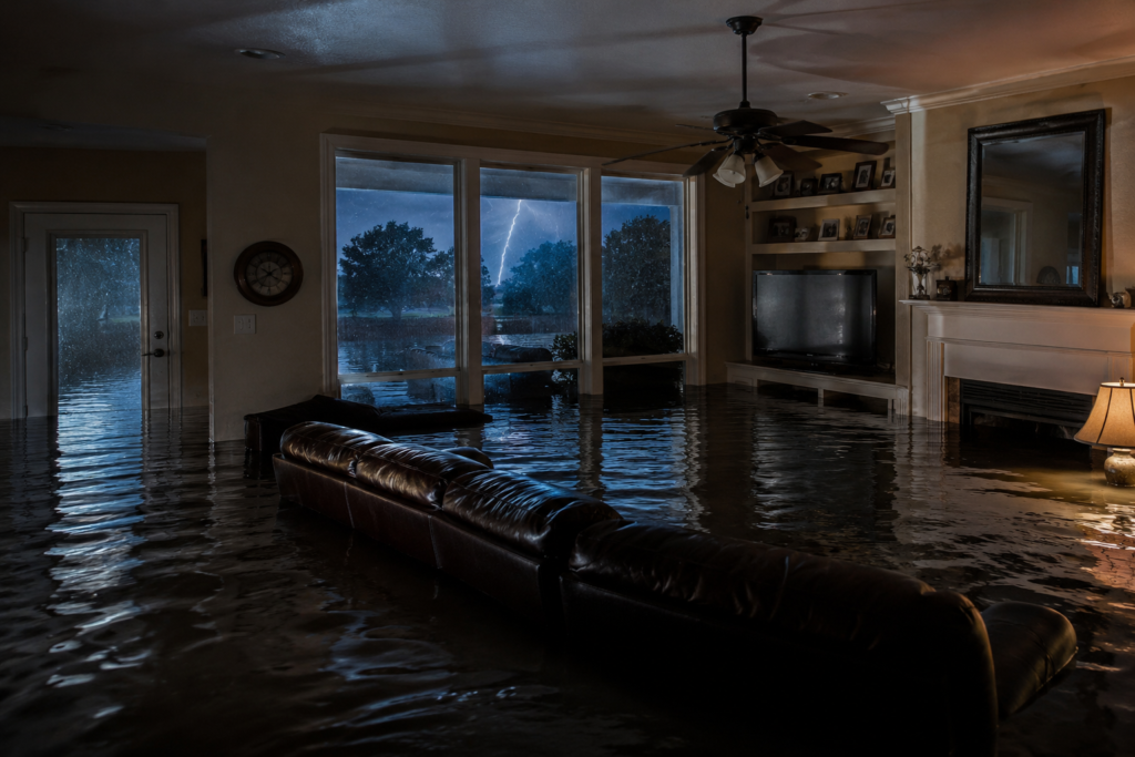 Flooded living room inside a suburban Texas home at night with standing water covering the floor, partially submerged furniture, and dramatic storm lighting visible through large windows.