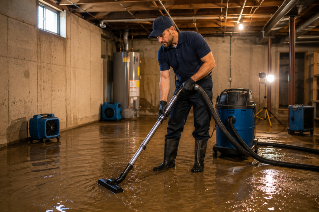 Water damage restoration technician in a navy blue uniform and rubber boots using an industrial wet-dry vacuum to remove standing water from a flooded residential basement with concrete walls and restoration equipment.