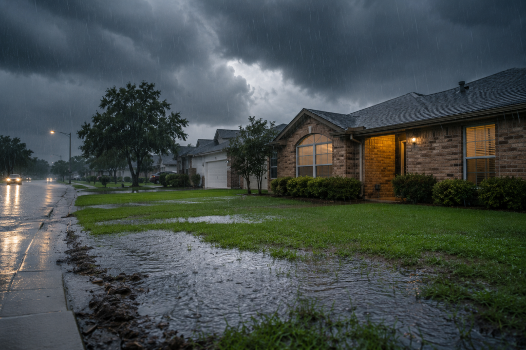 Heavy rain falls over a residential street in Central Texas as dark storm clouds gather above. Water pools across the front yard of a single-story brick home, creating conditions that could lead to residential flooding.