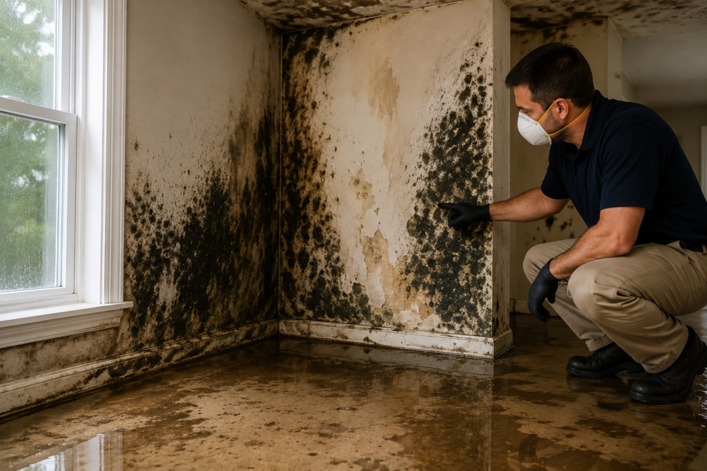 Water damage restoration professional wearing a protective mask inspecting extensive black mold growth on walls inside a moisture-damaged room with standing water on the floor.