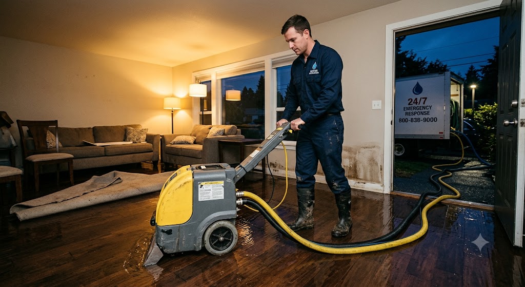 A water damage restoration technician uses a large industrial extractor machine to remove pooled water from a flooded hardwood floor in a home at night.
