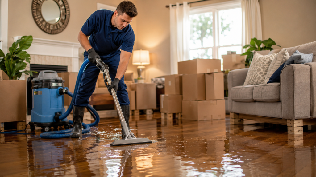 Professional water damage restoration technician using industrial water extraction equipment to remove standing water from a flooded residential living room with hardwood floors and raised furniture.