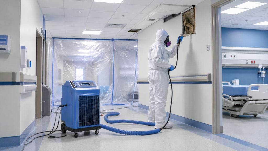 Restoration technician in full PPE using air-scrubbing equipment in a healthcare facility hallway with plastic containment barriers.